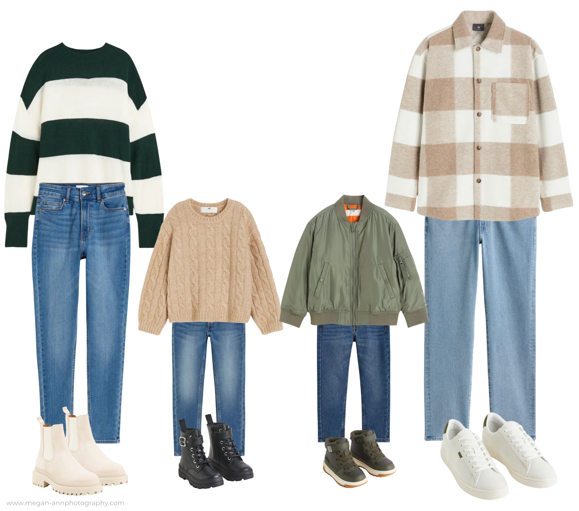 winter family outfit collage in the colors beige, green and blue